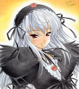 Rating: Safe Score: 0 Tags: 1girl artist_name black_dress black_ribbon black_wings blush dated dress flower frills hairband image juliet_sleeves lolita_fashion long_hair long_sleeves looking_at_viewer marker_(medium) red_eyes red_flower red_rose ribbon rose shikishi signature silver_hair smile solo suigintou traditional_media upper_body wings User: admin