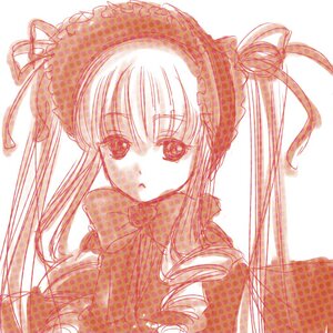 Rating: Safe Score: 0 Tags: 1girl blush bonnet dress eyebrows_visible_through_hair hat image long_hair looking_at_viewer monochrome pink_theme red_theme shinku simple_background solo twintails upper_body white_background User: admin