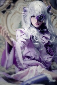 Rating: Safe Score: 0 Tags: 1girl barasuishou blurry blurry_background depth_of_field dress eyepatch hair_ornament lips long_hair purple_eyes solo white_hair User: admin