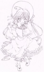 Rating: Safe Score: 0 Tags: 1girl dress frills full_body hat image long_hair long_sleeves looking_at_viewer monochrome shinku shoes smile solo twintails very_long_hair User: admin