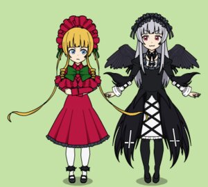 Rating: Safe Score: 0 Tags: 2girls black_wings blonde_hair blue_eyes bonnet dress feathered_wings green_background hairband image long_hair long_sleeves multiple_girls pair pantyhose red_dress shinku silver_hair simple_background suigintou twintails wings User: admin