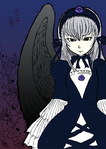 Rating: Safe Score: 0 Tags: 1girl black_wings dress flower frills hairband image long_hair long_sleeves looking_at_viewer red_eyes rose silver_hair simple_background solo standing suigintou wings User: admin