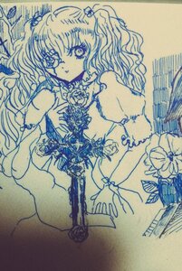 Rating: Safe Score: 0 Tags: 1girl flower hair_ornament image kirakishou long_hair looking_at_viewer monochrome puffy_short_sleeves puffy_sleeves short_sleeves solo traditional_media User: admin