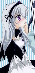 Rating: Safe Score: 0 Tags: 1girl black_ribbon blush dress flower frills hairband image lolita_hairband long_hair long_sleeves purple_eyes ribbon silver_hair solo striped suigintou User: admin