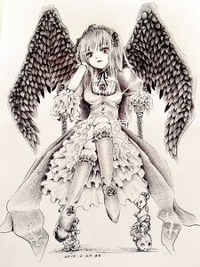Rating: Safe Score: 0 Tags: 1girl bird doll_joints dress feathered_wings feathers frills greyscale hairband image joints long_sleeves monochrome sitting solo suigintou traditional_media wings User: admin