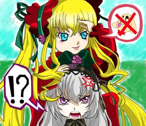 Rating: Safe Score: 0 Tags: !? 2girls blonde_hair blue_eyes bonnet bow dress hairband image long_hair long_sleeves looking_at_viewer multiple_girls open_mouth pair purple_eyes shinku silver_hair suigintou twintails User: admin
