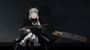 Rating: Safe Score: 0 Tags: 1girl black_background black_dress closed_eyes dress frills gothic_lolita hairband holding image instrument lolita_hairband long_hair long_sleeves open_mouth sitting smile solo suigintou weapon User: admin