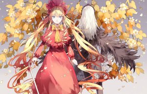 Rating: Safe Score: 0 Tags: 1girl autumn autumn_leaves blonde_hair blue_eyes bonnet bow capelet dress flower image leaf long_hair long_sleeves looking_at_viewer maple_leaf pair petals red_dress shinku solo standing suigintou sunflower twintails very_long_hair User: admin