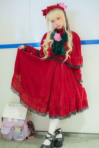 Rating: Safe Score: 0 Tags: 1girl bangs blonde_hair blue_eyes bonnet bow dress flower full_body long_hair long_sleeves looking_at_viewer photo red_dress rose shinku solo standing User: admin