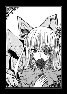 Rating: Safe Score: 0 Tags: 1girl barasuishou black_border border circle_cut eyepatch flower greyscale image letterboxed long_hair monochrome ribbon rose solo User: admin