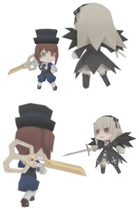 Rating: Safe Score: 0 Tags: blurry brown_hair chibi dress hat holding holding_weapon image long_sleeves multiple_girls pair red_eyes ribbon short_hair siblings sisters souseiseki suigintou sword top_hat twins weapon User: admin