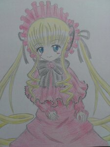 Rating: Safe Score: 0 Tags: 1girl blonde_hair blue_eyes bonnet bow bowtie capelet cowboy_shot dress flower image long_hair long_sleeves looking_at_viewer marker_(medium) photo pink_rose red_dress rose shinku sidelocks simple_background smile solo standing traditional_media twintails very_long_hair User: admin