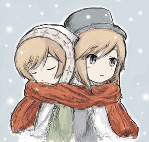 Rating: Safe Score: 0 Tags: 2girls blonde_hair brown_hair closed_eyes coat hat hug_from_behind image multiple_girls pair scarf short_hair siblings sisters snow snowing souseiseki suiseiseki twins yuri User: admin