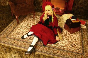 Rating: Safe Score: 0 Tags: 1girl blonde_hair dress flower long_hair long_sleeves red_dress rose shinku shoes sitting solo User: admin