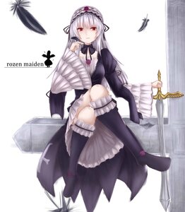 Rating: Safe Score: 0 Tags: 1girl boots bug butterfly detached_collar dress feathers flower frills full_body hairband image insect kneehighs long_hair long_sleeves looking_at_viewer red_eyes silver_hair sitting solo suigintou weapon wings User: admin