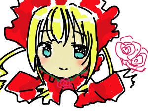 Rating: Safe Score: 0 Tags: 1girl bangs blonde_hair blue_eyes blush dress flower image looking_at_viewer red_flower red_rose rose shinku simple_background solo white_background User: admin