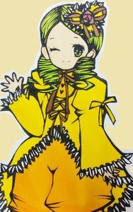 Rating: Safe Score: 0 Tags: 1girl dress drill_hair green_eyes green_hair image kanaria long_hair long_sleeves looking_at_viewer one_eye_closed puffy_sleeves ribbon simple_background solo twin_drills yellow_dress User: admin