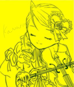 Rating: Safe Score: 0 Tags: 1girl closed_eyes dress eighth_note flower frills image instrument kanaria long_hair monochrome music musical_note playing_instrument rose smile solo violin yellow_background yellow_theme User: admin