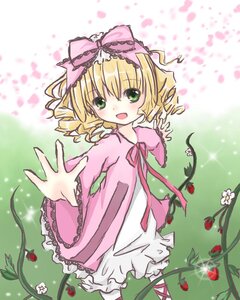 Rating: Safe Score: 0 Tags: 1girl :d blonde_hair blush bow dress drill_hair flower frills grass green_eyes hina_ichigo hinaichigo image long_sleeves looking_at_viewer object_namesake open_mouth petals pink_bow pink_dress ribbon short_hair smile solo standing User: admin