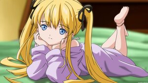 Rating: Safe Score: 0 Tags: 1girl bare_shoulders barefoot black_ribbon blonde_hair blue_eyes blurry blurry_background chin_rest depth_of_field hair_ribbon image indoors legs_up long_hair looking_at_viewer lying off_shoulder on_stomach ribbon sawamura_spencer_eriri shinku solo the_pose twintails User: admin