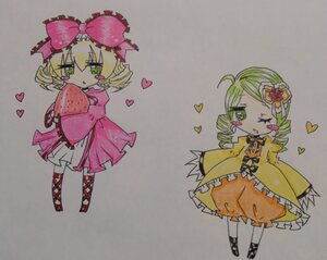 Rating: Safe Score: 0 Tags: 2girls blonde_hair bow dress drill_hair food fruit green_eyes green_hair hair_bow heart hina_ichigo hinaichigo image kanaria multiple_girls one_eye_closed pair pink_bow short_hair standing strawberry traditional_media yellow_dress User: admin