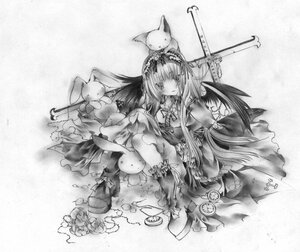 Rating: Safe Score: 0 Tags: 1girl dress greyscale image long_hair monochrome on_head sitting solo suigintou traditional_media User: admin