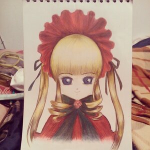 Rating: Safe Score: 0 Tags: 1girl bangs blonde_hair blue_eyes bonnet bow dress drill_hair flower green_bow image long_hair long_sleeves looking_at_viewer marker_(medium) photo red_dress rose shikishi shinku sidelocks simple_background solo traditional_media twin_drills twintails white_background User: admin