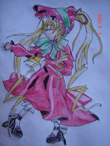 Rating: Safe Score: 0 Tags: 1girl black_footwear blonde_hair bonnet bow bowtie closed_eyes dress full_body hat image long_hair long_sleeves marker_(medium) photo red_dress rose shinku shoes solo standing traditional_media twintails User: admin