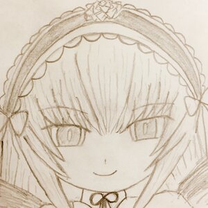 Rating: Safe Score: 0 Tags: 1girl bangs bow closed_mouth eyebrows_visible_through_hair eyepatch hair_bow image looking_at_viewer monochrome portrait simple_background smile solo suigintou traditional_media User: admin