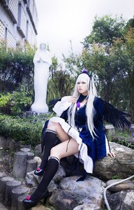 Rating: Safe Score: 0 Tags: 1girl black_legwear crossed_legs dress kneehighs long_hair sitting solo suigintou tree white_hair wings User: admin