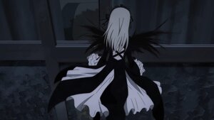 Rating: Safe Score: 0 Tags: 1girl black_wings dress greyscale hairband image long_hair long_sleeves monochrome solo standing suigintou wings User: admin