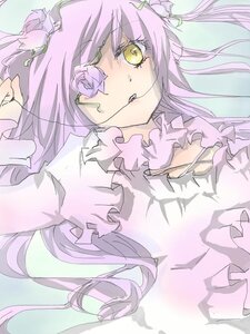 Rating: Safe Score: 0 Tags: 1girl flower hair_ornament image kirakishou long_hair looking_at_viewer on_back pink_hair rose smile solo yellow_eyes User: admin