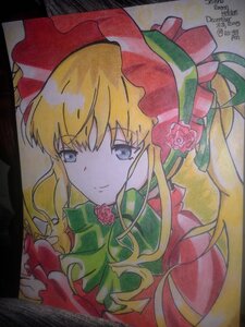 Rating: Safe Score: 0 Tags: 1girl bangs blonde_hair blue_eyes bonnet bow closed_mouth dated dress eyebrows_visible_through_hair flower hat image long_hair looking_at_viewer marker_(medium) millipen_(medium) photo red_flower red_headwear red_rose rose shikishi shinku signature simple_background smile solo traditional_media upper_body User: admin