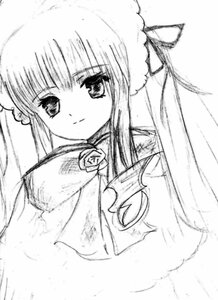 Rating: Safe Score: 0 Tags: 1girl bangs closed_mouth flower greyscale hair_ribbon image long_hair looking_at_viewer monochrome ribbon rose shinku sidelocks simple_background smile solo upper_body white_background User: admin