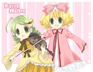 Rating: Safe Score: 0 Tags: 2girls :d ahoge blonde_hair bow brown_hair dress drill_hair frills green_eyes green_hair hair_bow hina_ichigo hinaichigo image instrument kanaria long_sleeves looking_at_viewer multiple_girls open_mouth pair pink_bow ribbon rozen_maiden short_hair sisters smile soranagi_reno striped_background twin_drills twins vertical_stripes violin yellow_dress User: admin