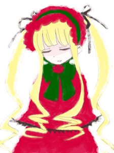 Rating: Safe Score: 0 Tags: 1girl blonde_hair bow bowtie closed_eyes dress flower image long_hair long_sleeves red_flower rose shinku simple_background sleeping solo User: admin