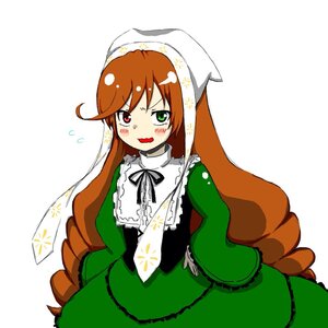Rating: Safe Score: 0 Tags: 1girl blush brown_hair dress flying_sweatdrops frills green_dress green_eyes head_scarf heterochromia image long_hair long_sleeves open_mouth red_eyes simple_background solo suiseiseki very_long_hair white_background User: admin