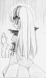 Rating: Safe Score: 0 Tags: 1girl greyscale hair_ribbon hairband image long_hair long_sleeves monochrome ribbon skirt solo suigintou User: admin