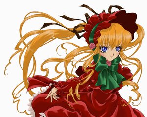 Rating: Safe Score: 0 Tags: 1girl blonde_hair blue_eyes bonnet bow bowtie dress flower green_bow green_neckwear image long_hair long_sleeves looking_at_viewer red_dress rose shinku simple_background solo very_long_hair white_background User: admin