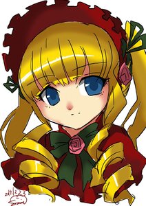 Rating: Safe Score: 0 Tags: 1girl bangs blonde_hair blue_eyes bonnet bow bowtie dress drill_hair flower image long_hair long_sleeves looking_at_viewer pink_rose rose shinku sidelocks signature simple_background solo upper_body white_background User: admin