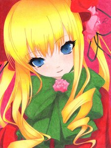 Rating: Safe Score: 0 Tags: 1girl blonde_hair blue_eyes bow drill_hair flower image long_hair long_sleeves looking_at_viewer marker_(medium) pink_flower pink_rose rose shinku simple_background solo traditional_media upper_body User: admin