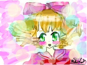 Rating: Safe Score: 0 Tags: 1girl :d auto_tagged bangs blunt_bangs bow colorful green_eyes hair_bow heart hinaichigo image looking_at_viewer open_mouth pink_bow smile solo striped upper_body User: admin