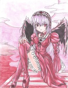 Rating: Safe Score: 0 Tags: 1girl dress frills hairband image long_hair long_sleeves looking_at_viewer pink_eyes red_dress red_eyes sitting solo suigintou thighhighs traditional_media wings User: admin