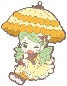 Rating: Safe Score: 0 Tags: 1girl chibi dress full_body green_eyes green_hair image kanaria long_hair long_sleeves one_eye_closed open_mouth parasol simple_background solo striped umbrella vertical_stripes white_background User: admin