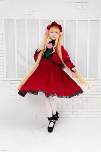 Rating: Safe Score: 0 Tags: 1girl black_footwear blonde_hair bonnet dress flower full_body long_hair long_sleeves pantyhose photo red_dress shinku shoes solo standing white_legwear User: admin