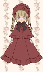 Rating: Safe Score: 0 Tags: 1girl blonde_hair blue_eyes blush bonnet bow bowtie capelet dress flower full_body image long_hair long_sleeves looking_at_viewer red_dress rose shinku smile solo standing striped twintails User: admin