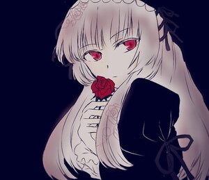 Rating: Safe Score: 0 Tags: 1girl blonde_hair dress flower hairband holding image long_hair long_sleeves looking_at_viewer red_eyes red_flower red_rose ribbon rose simple_background solo suigintou upper_body User: admin