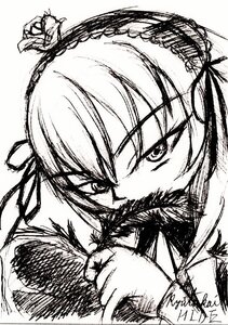 Rating: Safe Score: 0 Tags: 1girl greyscale hair_ribbon image looking_at_viewer monochrome ribbon simple_background solo suigintou white_background User: admin