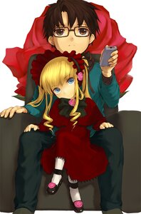 Rating: Safe Score: 0 Tags: 1boy 1girl black-framed_eyewear blonde_hair blue_eyes bonnet bow controller doll dress drill_hair glasses height_difference image long_hair long_sleeves looking_at_viewer negy pants remote_control rozen_maiden sakurada_jun shinku shoes sidelocks simple_background sitting sitting_on_lap sitting_on_person slippers solo sweater twin_drills twintails white_background User: admin