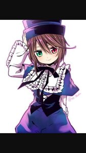 Rating: Safe Score: 0 Tags: 1girl black_border brown_hair dress frills green_eyes hat heterochromia image letterboxed long_sleeves looking_at_viewer red_eyes smile solo souseiseki top_hat twitter_username white_background User: admin